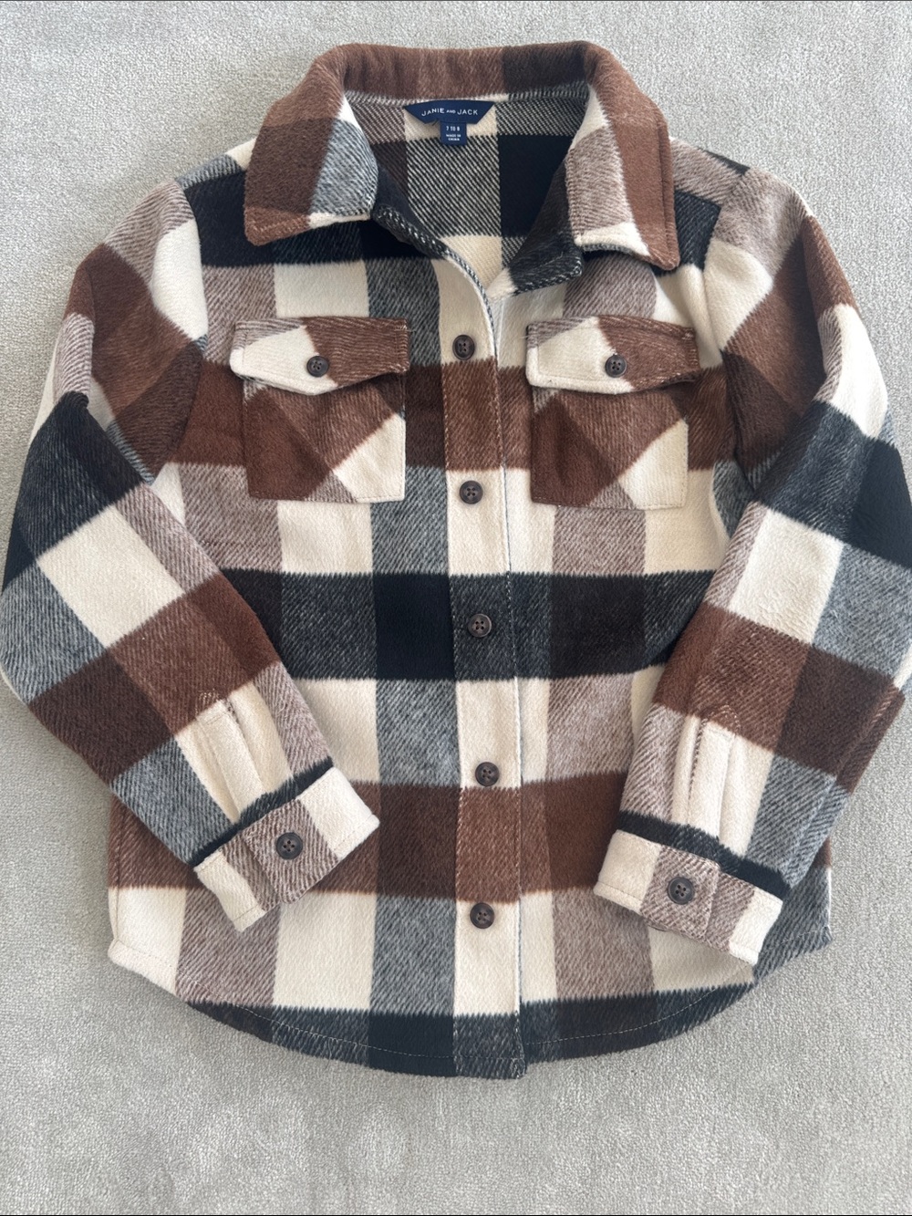 Janie and Jack boys Brown Cream and Black Plaid Button-Up Shacket, size 7